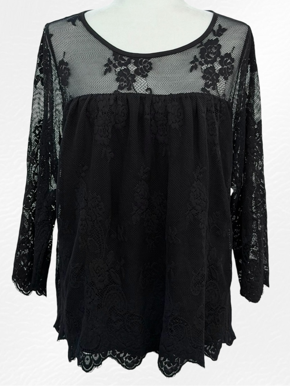 Bohemian Black Sheer Mesh Floral Lace Overlay 3/4 Sleeve Blouse L (No Tag)